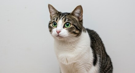 Obraz premium Tabby cat w green eyes white chest graystriped fur face markings Alert expression pointed ears centered