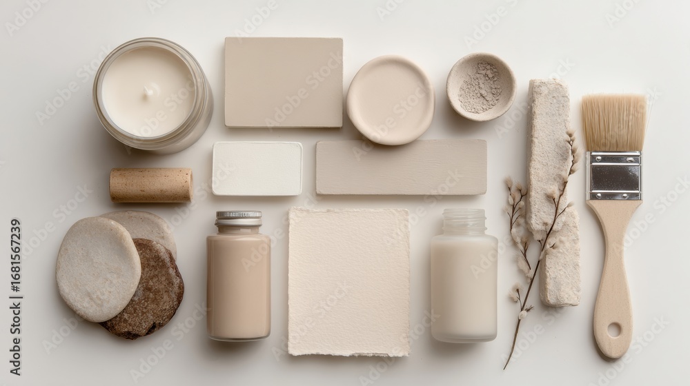 Poster neutral color palette with various materials and tools arranged on a light background for artistic p