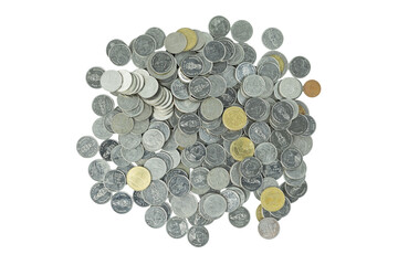 A pile of money coins representing finance and savings. Business currency for investment or wealth isolated on white background with clipping path.