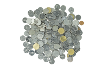 A pile of money coins representing finance and savings. Business currency for investment or wealth isolated on white background with clipping path.