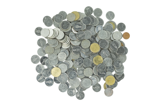 A pile of money coins representing finance and savings. Business currency for investment or wealth isolated on white background with clipping path.