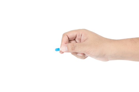Hand holding a single blue pill capsule. Medicine and healthcare dosage concept. isolated on white background with clipping path.