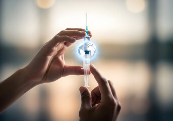 Hands Holding Syringe with Globe Concept for Global Health Awareness