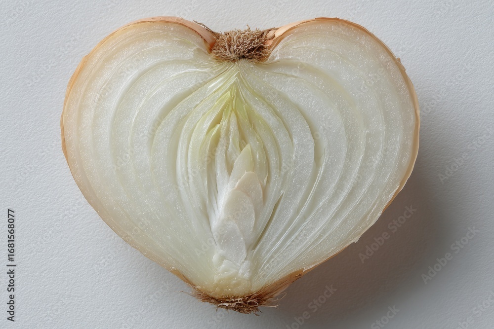 Poster close-up of a halved onion bulb revealing its internal structure, layers, and root base on a simple 