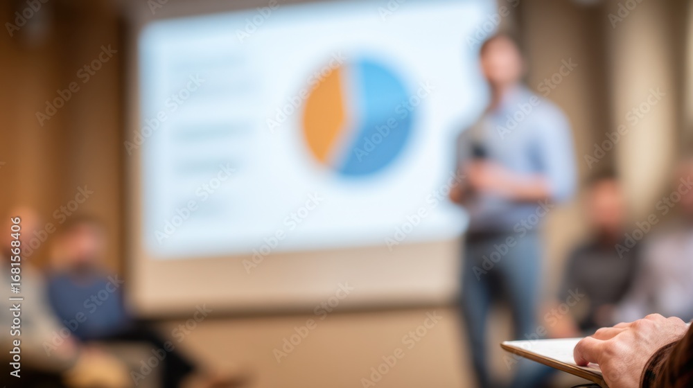 Poster medium shot of a person adjusting a projector displaying travel emissions data background participan