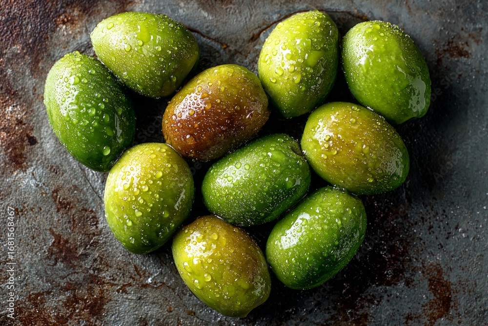Poster wet green olives arranged in a heart shape on a dark textured surface, creating a visually appealing