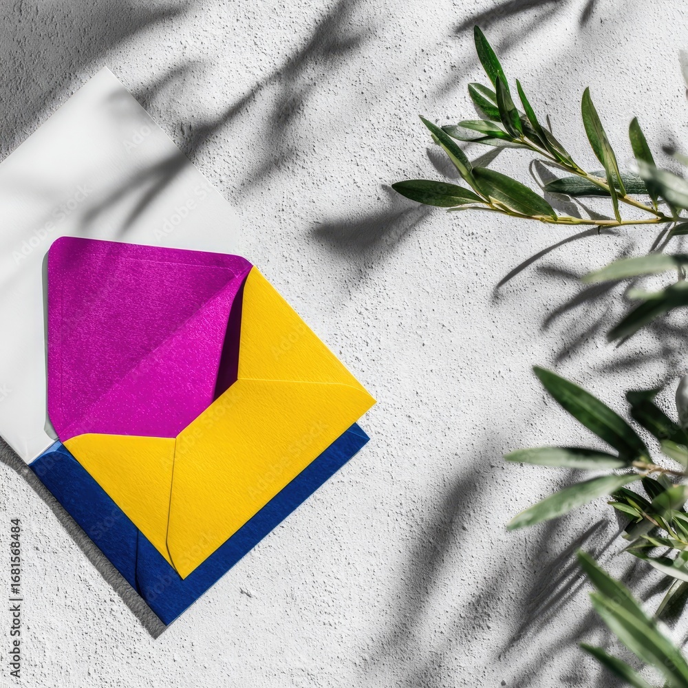 Aufkleber colorful envelopes layered on a textured surface, with vibrant hues and natural shadow patterns, cre