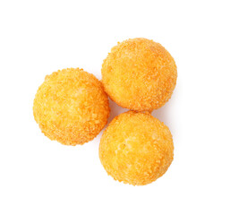 Delicious fried croquette balls isolated on white, top view