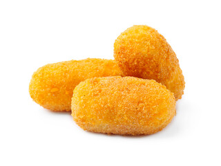 Many delicious fried croquettes isolated on white