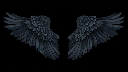 Fototapeta premium Pair of dark gray angel wings spread wide, on black background. Possible use Stock photo for fantasy, spiritual, or decorative themes
