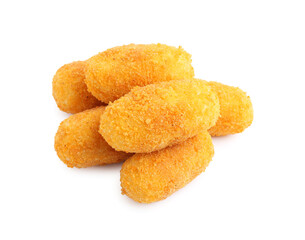 Many delicious fried croquettes isolated on white