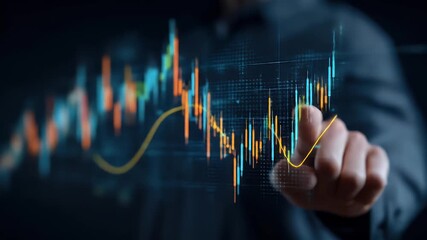 Close-up of a hand interacting with a digital stock market chart - Powered by Adobe