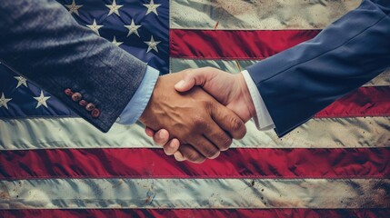 Businessman handshake on the America flag background. American business partners agreement concept. 4th july, Happy Independence day, Memorial day