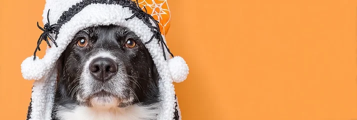 Fotobehang Dierenarts A playful black and white dog dons a soft hat with a Halloween theme, exuding charm against a vibrant orange backdrop  © kaleidoscope