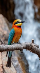 Fototapeta premium Close-up of a White-fronted Bee-eater perched on a branch with a waterfall in the background, eye-level view, South Africa