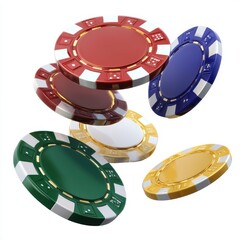 Colorful casino chips floating in air on white background studio shot gambling concept game night luck chance