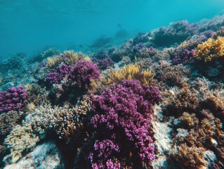Obraz premium Underwater view of vibrant coral reef with purple and yellow coral formations in tropical ocean environment