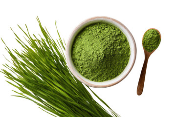 Green wheatgrass powder in a bowl, with a wooden spoon