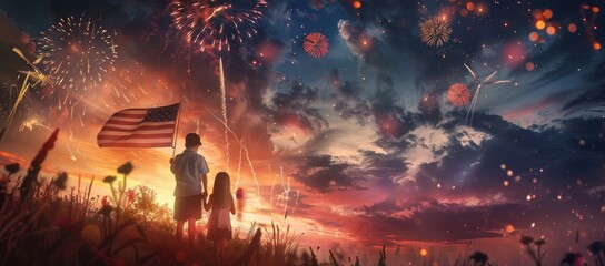 Patriotic holiday, family with American flag happy 4th july, Memorial day, Labor day,