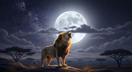 Majestic lion howling at a luminous full moon under a starlit sky in the serene night.