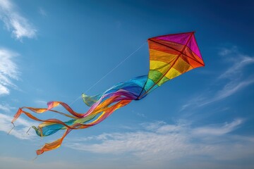 Colorful Kite Flying High Against a Bright Blue Sky with Wispy Clouds in a Low Angle Shot on a Sunny Day