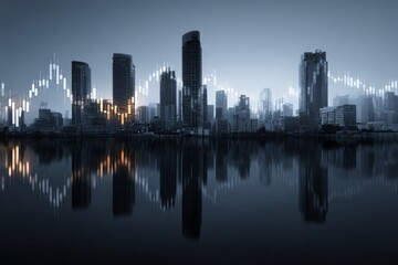 Fototapeta premium Modern cityscape reflecting on water with an ascending stock market graph, representing economic growth and financial success