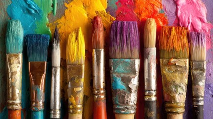 Fototapeta premium Colorful Paintbrushes on Palette Close Up Still Life Art Studio Tools Artistic Expression Creative Process