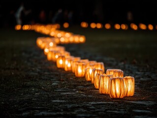 Lanterns illuminate a winding path in the park during an evening celebration, creating a magical atmosphere of warmth
