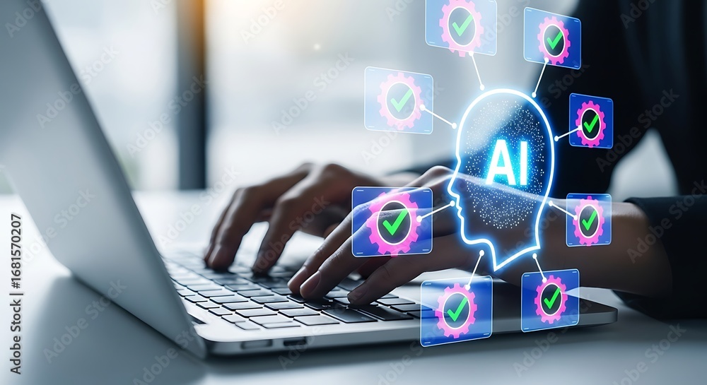 Poster person using a laptop with glowing ai brain and network connections overlay