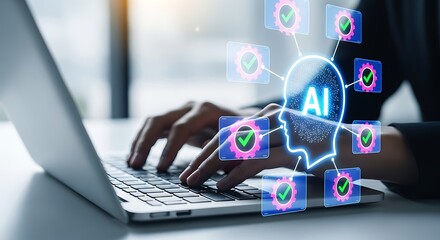 Person using a laptop with glowing ai brain and network connections overlay