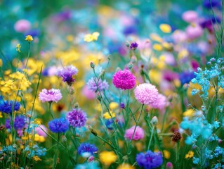 Colorful Wildflower Meadow Close-Up in Summer Sunshine; Eye-Level View of Blooming Cornflowers and Other Flowers