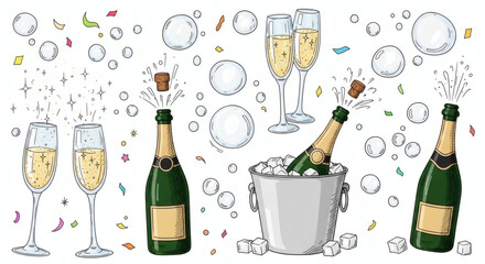 Set of hand drawn sparkling illustrations of celebration. Doodle drawings of champagne flutes, popping corks, bubbles, bottles in ice buckets, and confetti