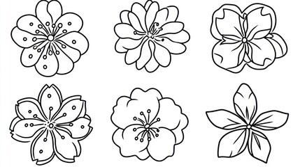 Simple Line Art Flowers, Various Styles, Vector Illustration, Possible Use Design Template or Coloring Book
