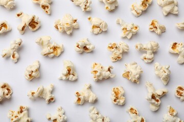 Tasty popcorn on white background, flat lay