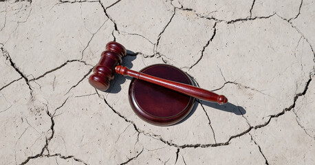 A judge's gavel on heat-cracked clay in the desert