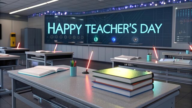 Vibrant neon glowing classroom and education themed digital artwork with futuristic and magical elements - Powered by Adobe