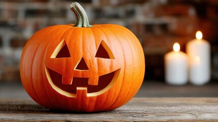 Fototapeta premium Carved orange pumpkin with smiling face sits on wooden table near glowing white candles