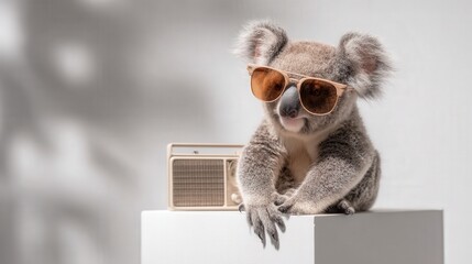 Fototapeta premium Koala animal wears stylish sunglasses, sits on white box, listens to music from vintage radio set.