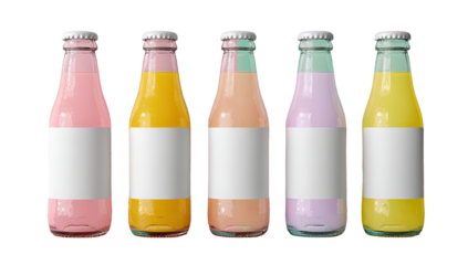 Five clear glass bottles, each with a pastel-colored label and a white rectangle label