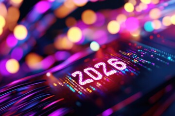 Futuristic neon display with 2026 in vibrant colors and digital elements