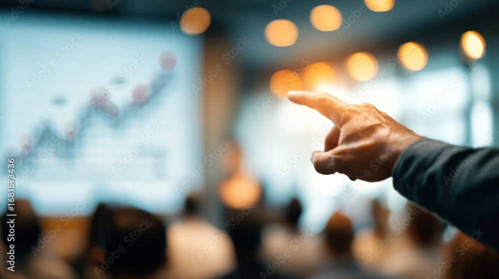 Poster medium shot highlighting a facilitator pointing at a graph on a screen during a modern slavery works