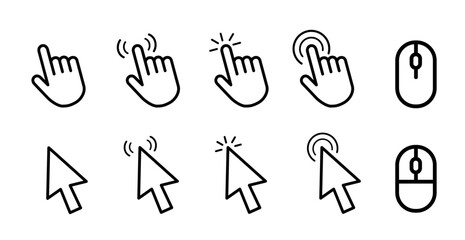 Computer mouse cursor icon set PNG Transparent background with arrows, hand pointers, click effects, loading symbols, and digital UI web design vector illustration