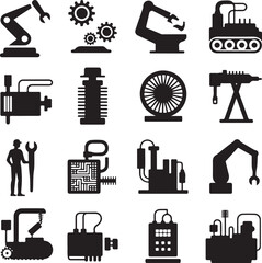 Industrial Machinery and Robotic Arm Icons Silhouette Collection gear