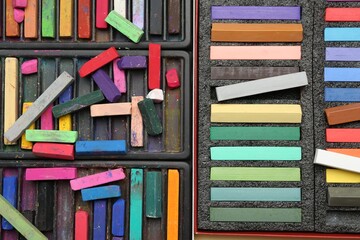 Set of colorful chalk pastels as background, closeup