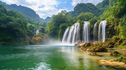 Fototapeta premium Long exposure image of a wonderful waterfall. Tortum Waterfall morning view. Uzundere, Erzurum, Turkey