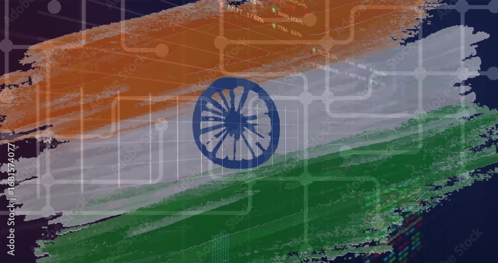 Aufkleber animation of financial data processing with moving flag of processing and moving radial decoration