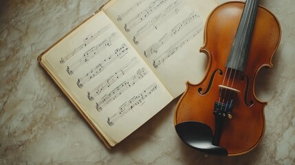 Fototapeta premium Violin and music sheets on wooden table, top view. Space for text