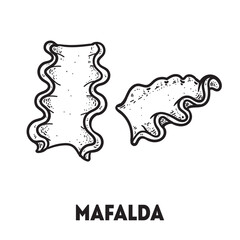 Pasta mafaldine sketch. Italian food. Hand drawn vector illustration. Mafaldine pasta Engraved style. Detailed black and white illustration.