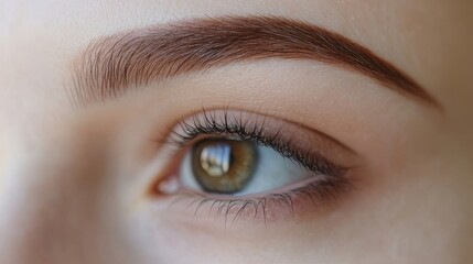 Obraz premium Close-up of a woman's eyes with well-defined eyebrows, full lashes, and smooth skin, highlighting meticulous grooming. Concept of beauty, eyebrow shaping kit, grooming and natural brow look.