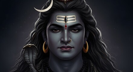 Serious Divine Man with Long Black Hair and Grey Skin